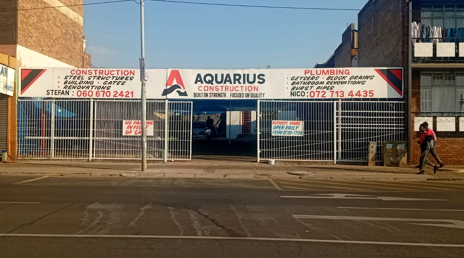 Aquarius Construction premises and signage